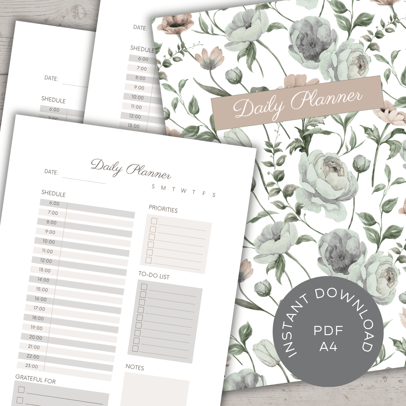 Floral daily planner set with cover and inside pages, featuring schedule, priorities, to-do list, notes, and gratitude sections, labeled ‘Instant Download PDF A4.