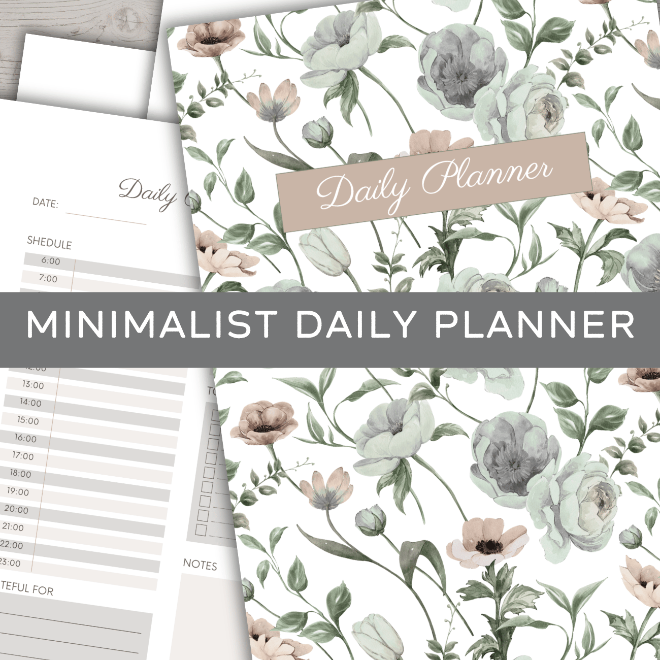 Floral-themed daily planner cover with beige label reading ‘Daily Planner,’ partially showing inside page layout for tasks and notes