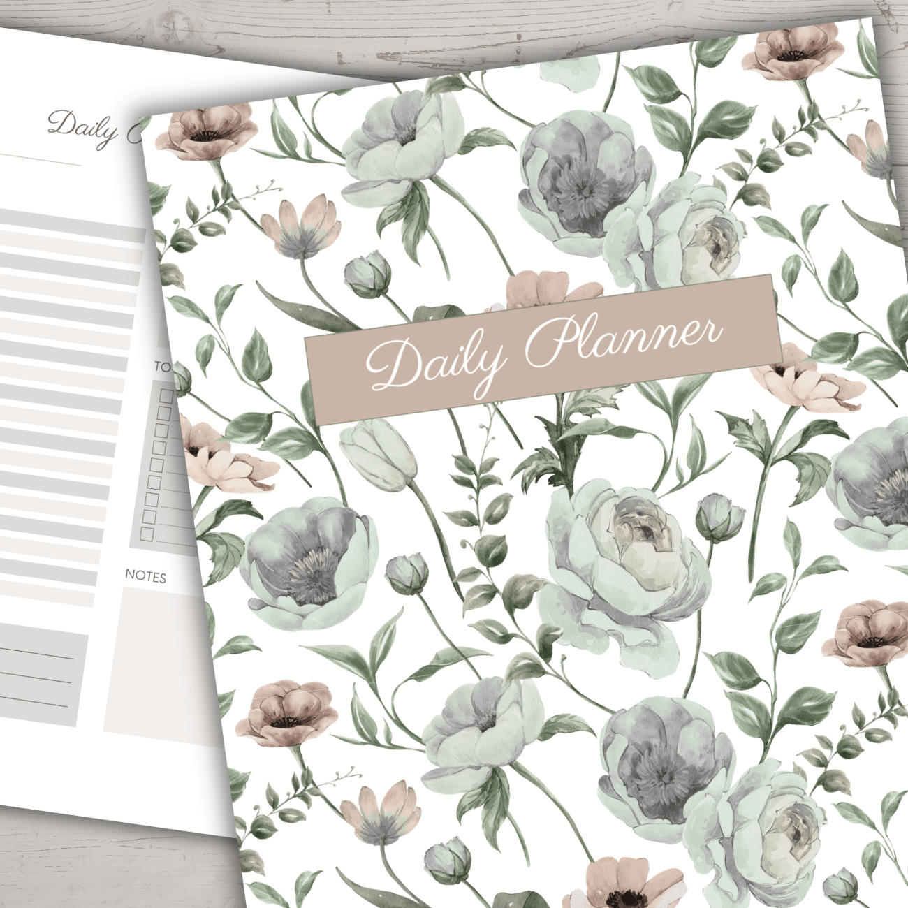Minimalist daily planner cover with watercolor floral design and beige label, showing structured daily schedule and gratitude section inside.