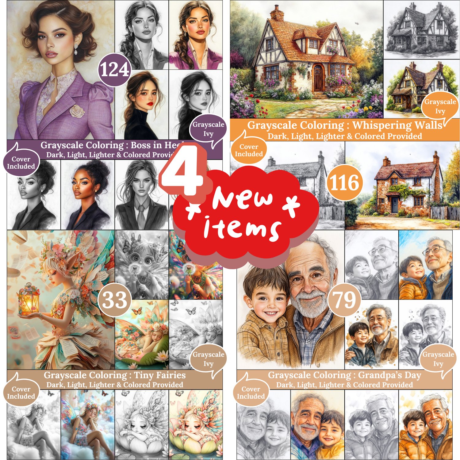 Grayscale Ivy New Arrivals — May 30, 2026 4 New Grayscale Coloring Books for Adults – Printable Digital PDFs Each book includes Dark, Light, Lighter & Colored versions, perfect for inspiring and relaxing coloring moments.