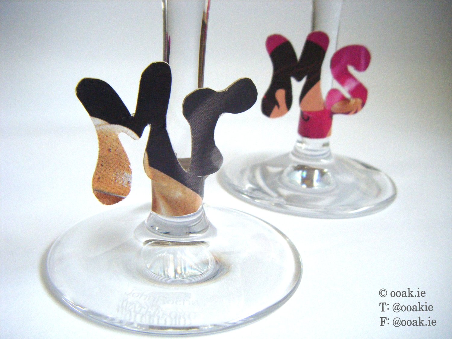 Close up of Mr & Ms Wine Glass Tags made from recycled Mocha Box