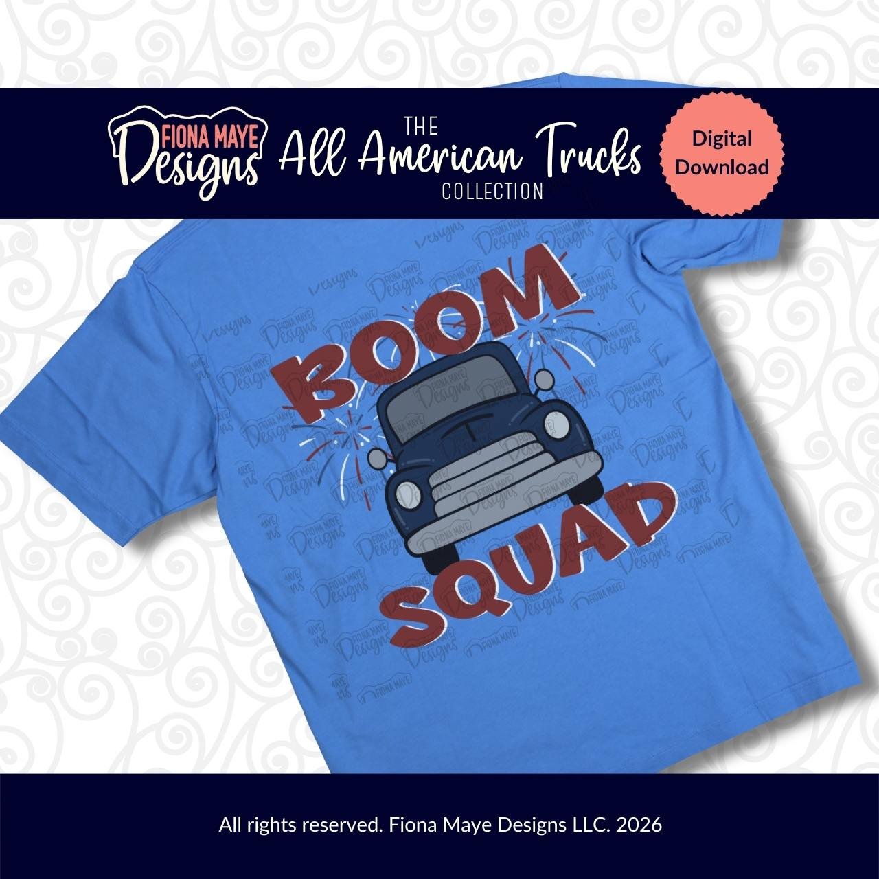 Blue T‑shirt mockup featuring a vintage blue truck with headlights, red “BOOM SQUAD” text, fireworks accents, and All American Trucks Collection branding.