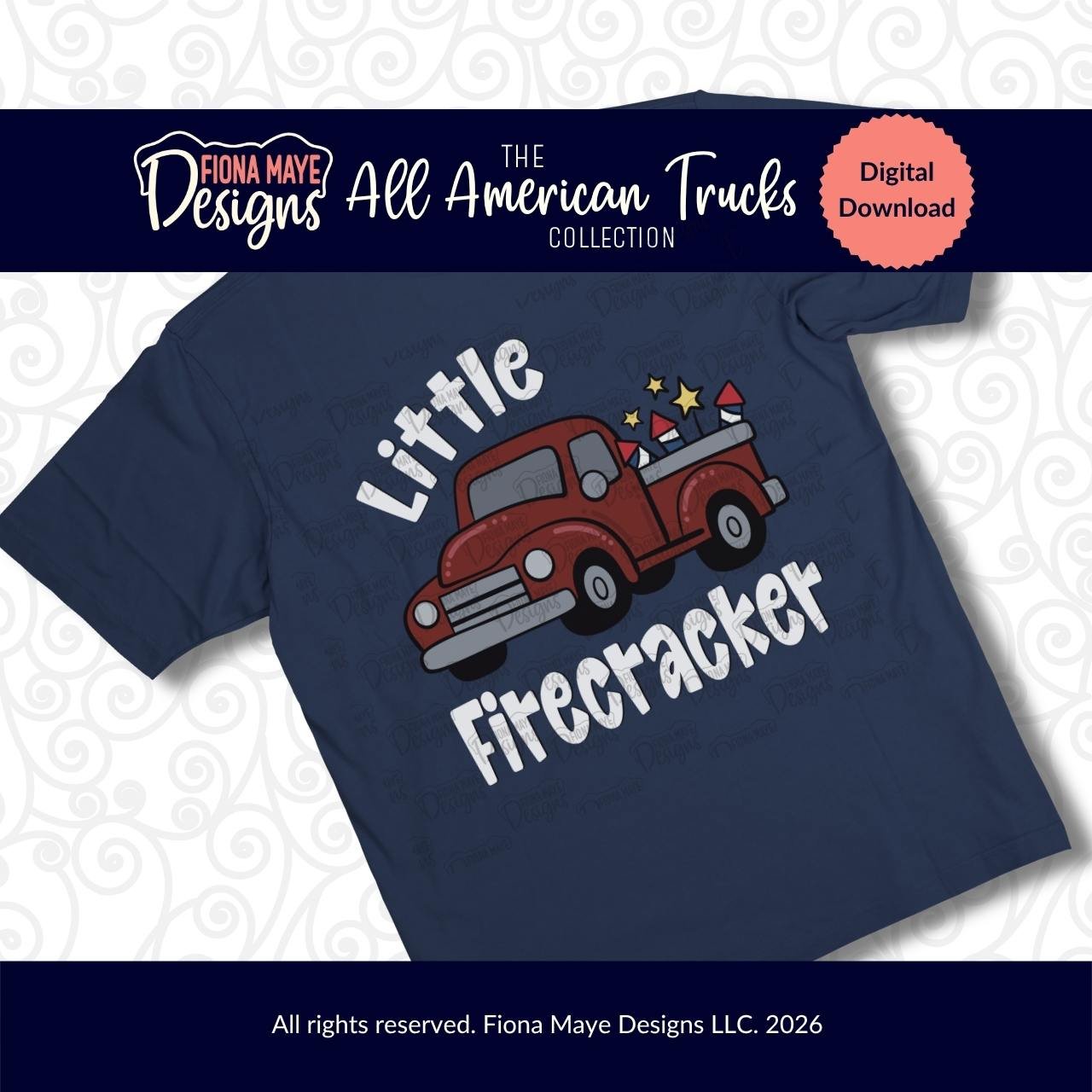 Patriotic kids’ T‑shirt mockup with a red vintage truck, fireworks, and “Little Firecracker” text, displayed with All American Trucks Collection branding.