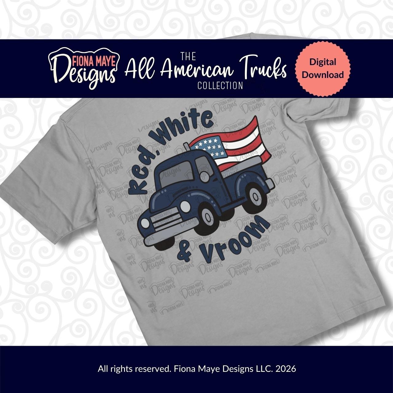 Gray T‑shirt mockup with a blue vintage truck carrying an American flag and bold “Red, White & Vroom!” text, shown with All American Trucks Collection branding.