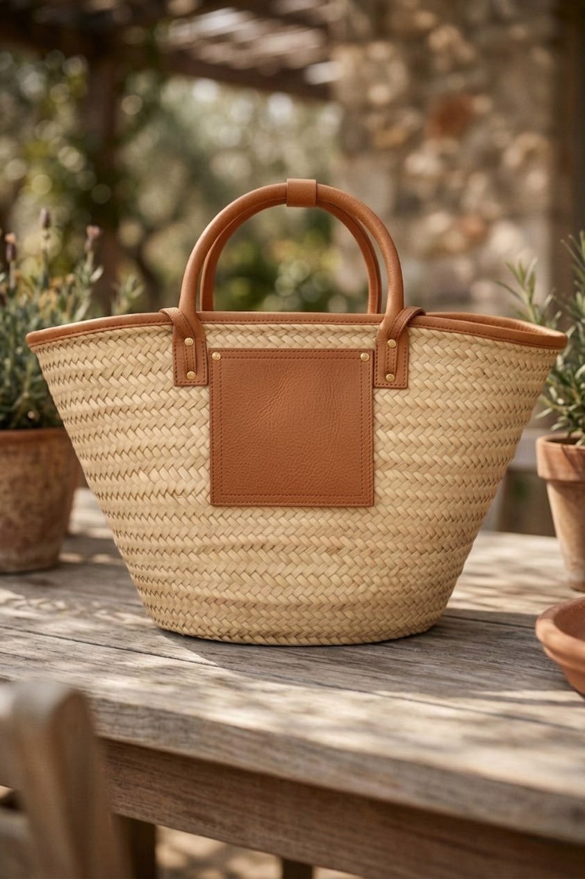Atlas Palm Basket Bag with leather handles and straps