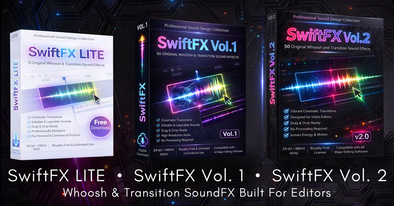 Premium cinematic SFX for filmmakers, editors, and creators. Includes whooshes, transitions, hits, and impacts. Delivered as 48kHz/24-bit WAV files. Perfect for trailers, intros, motion graphics, games, and social media content.