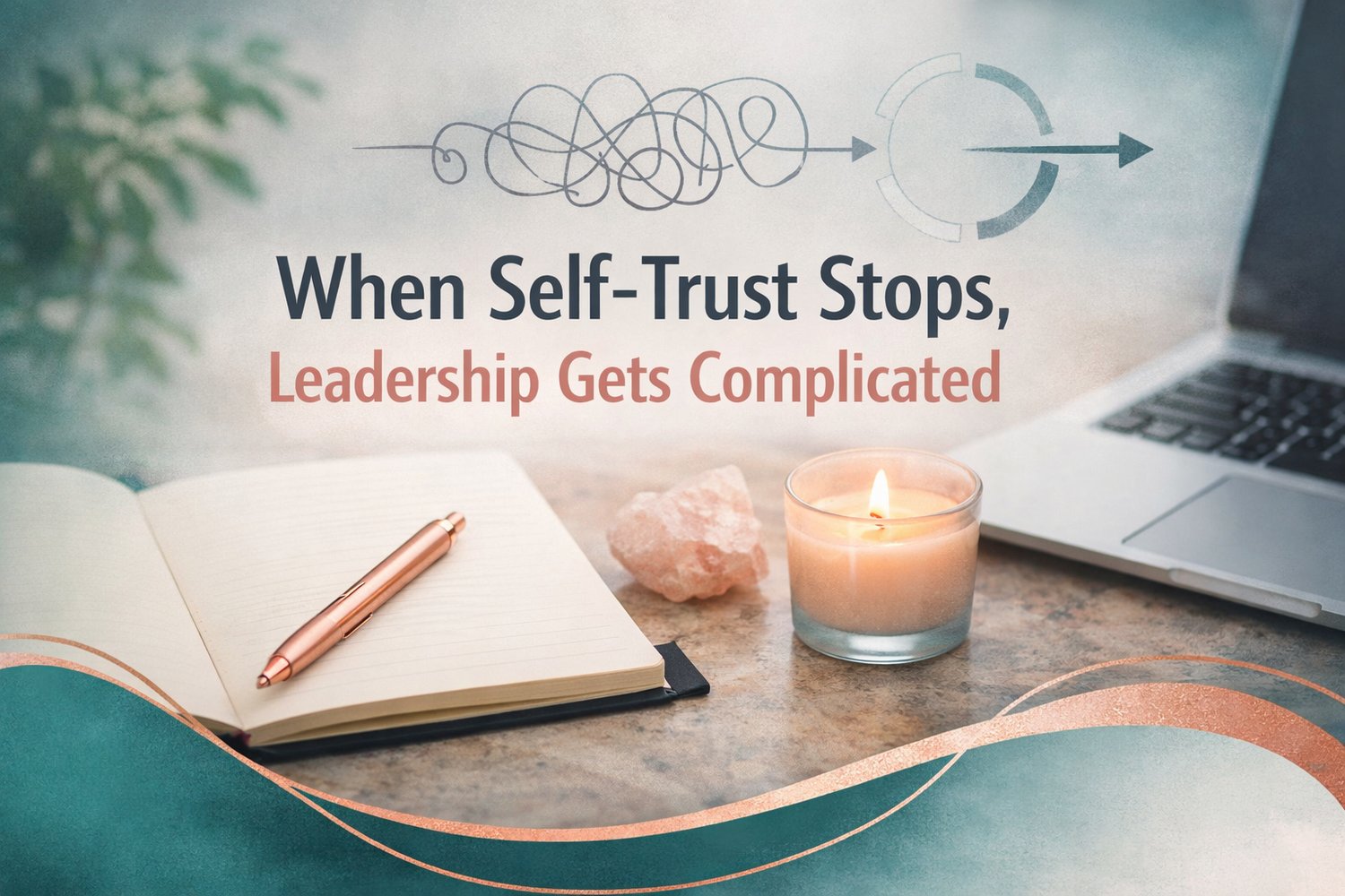 A calm branded header image for an article titled “When Self-Trust Stops, Leadership Gets Complicated,” featuring a minimalist workspace with an open notebook, rose gold pen, lit candle, and laptop. The color palette blends teal, cream, rose gold, and cha