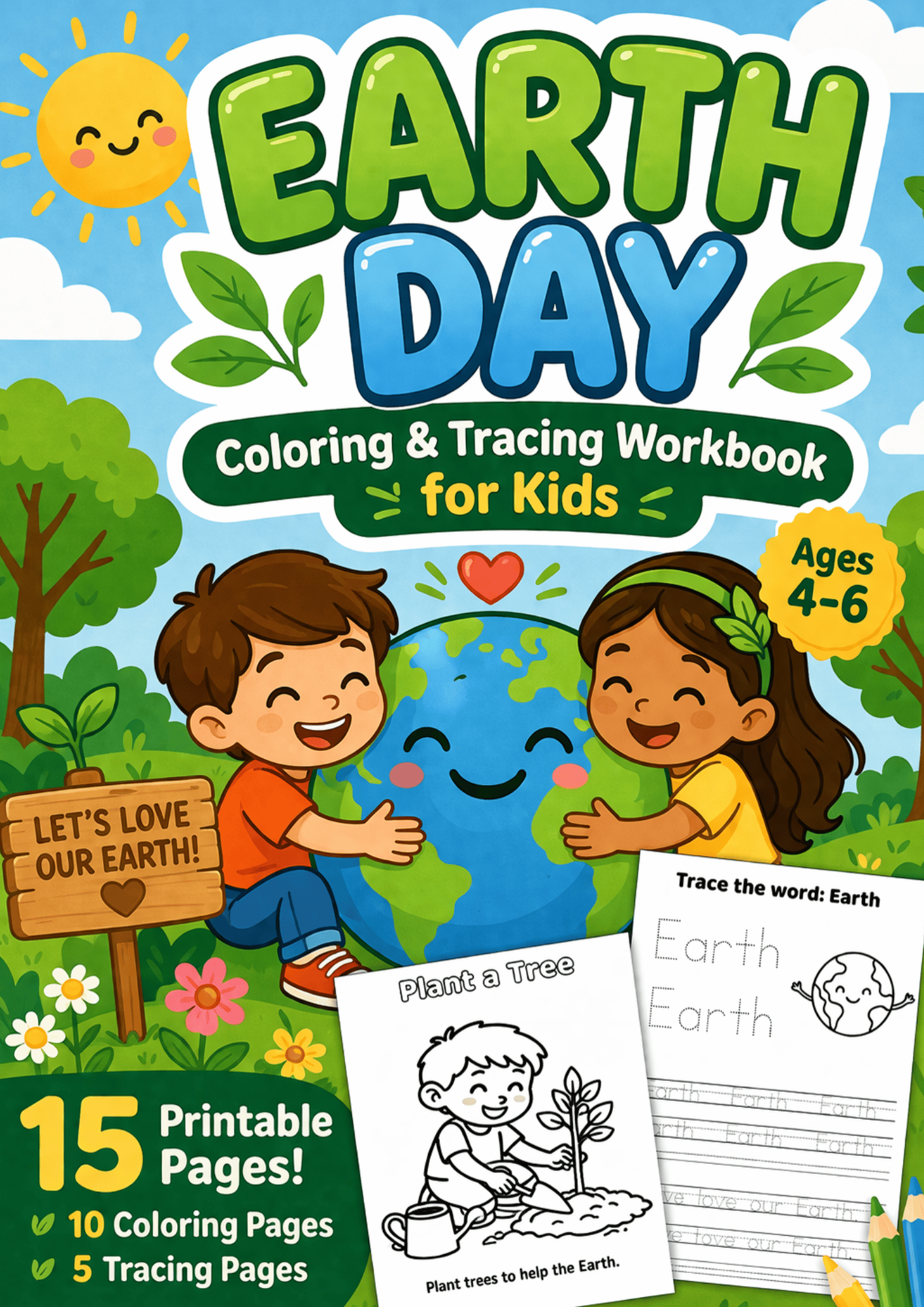 Earth Day coloring and tracing workbook for kids with 15 printable pages for preschool learning