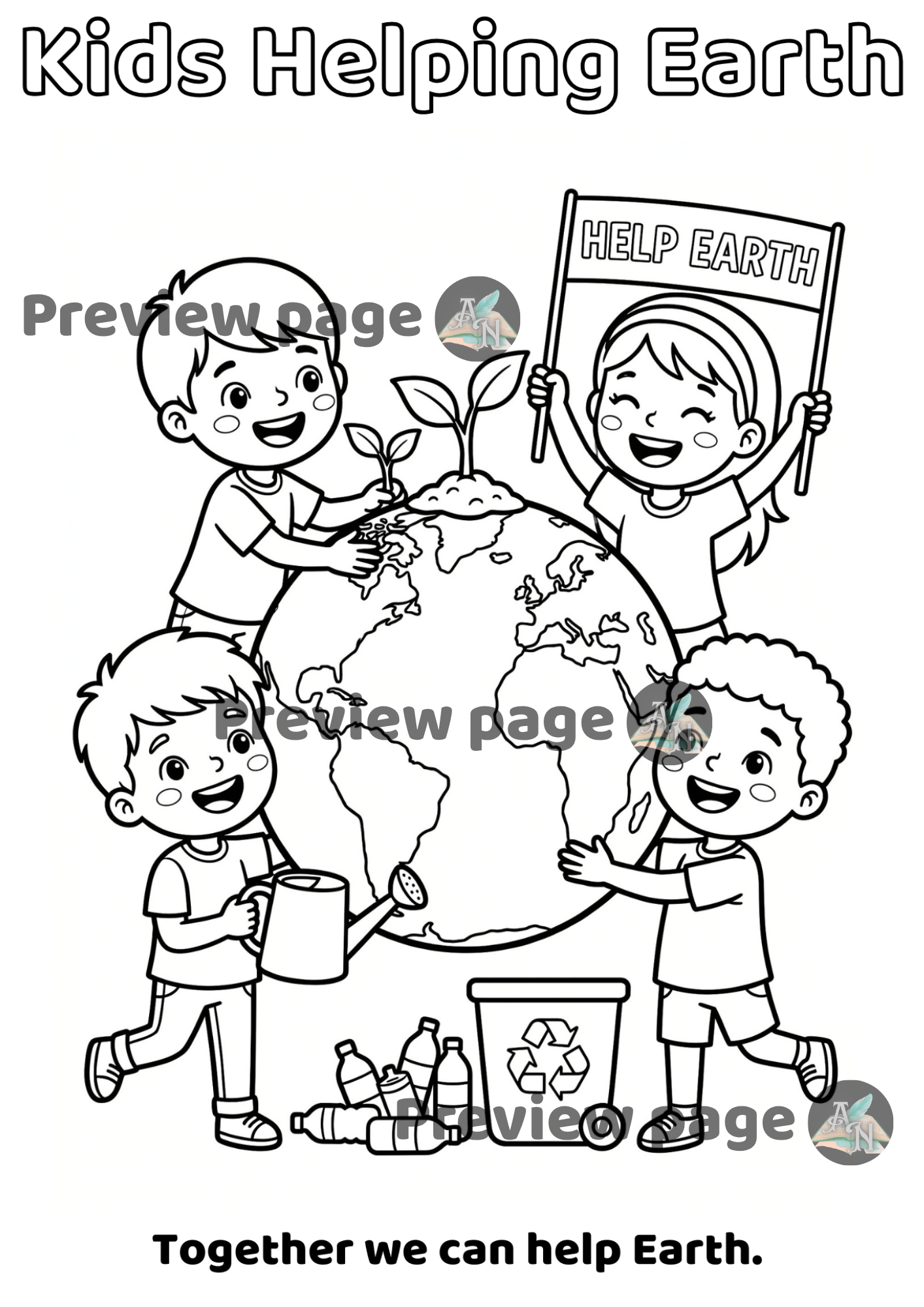 Earth Day coloring page for kids planting trees and learning about nature