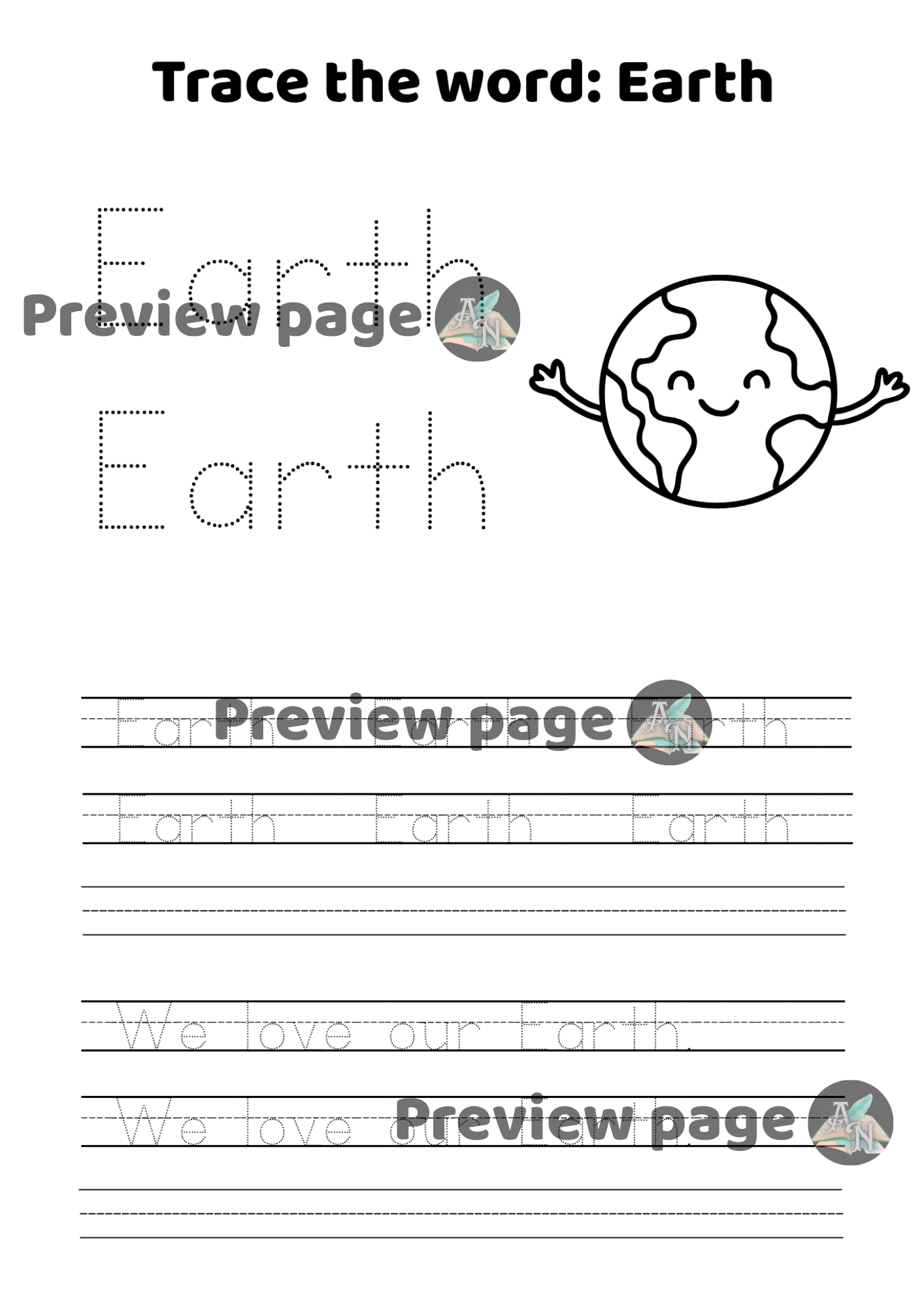 Tracing worksheet for kids learning Earth Day words and simple sentences