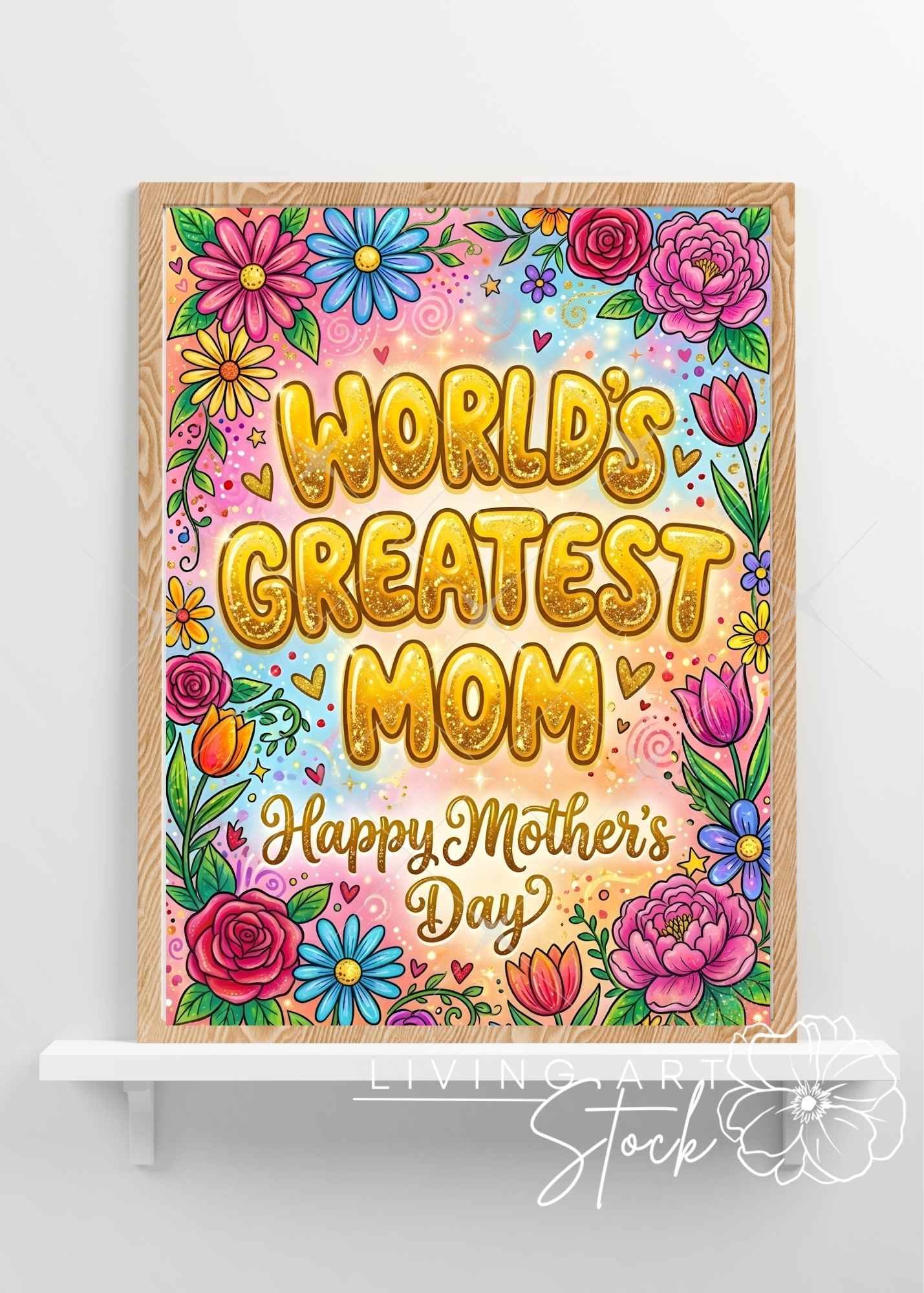 Worlds greatest mom, Happy Mothers Day Card with doodle art flowers and bubble text