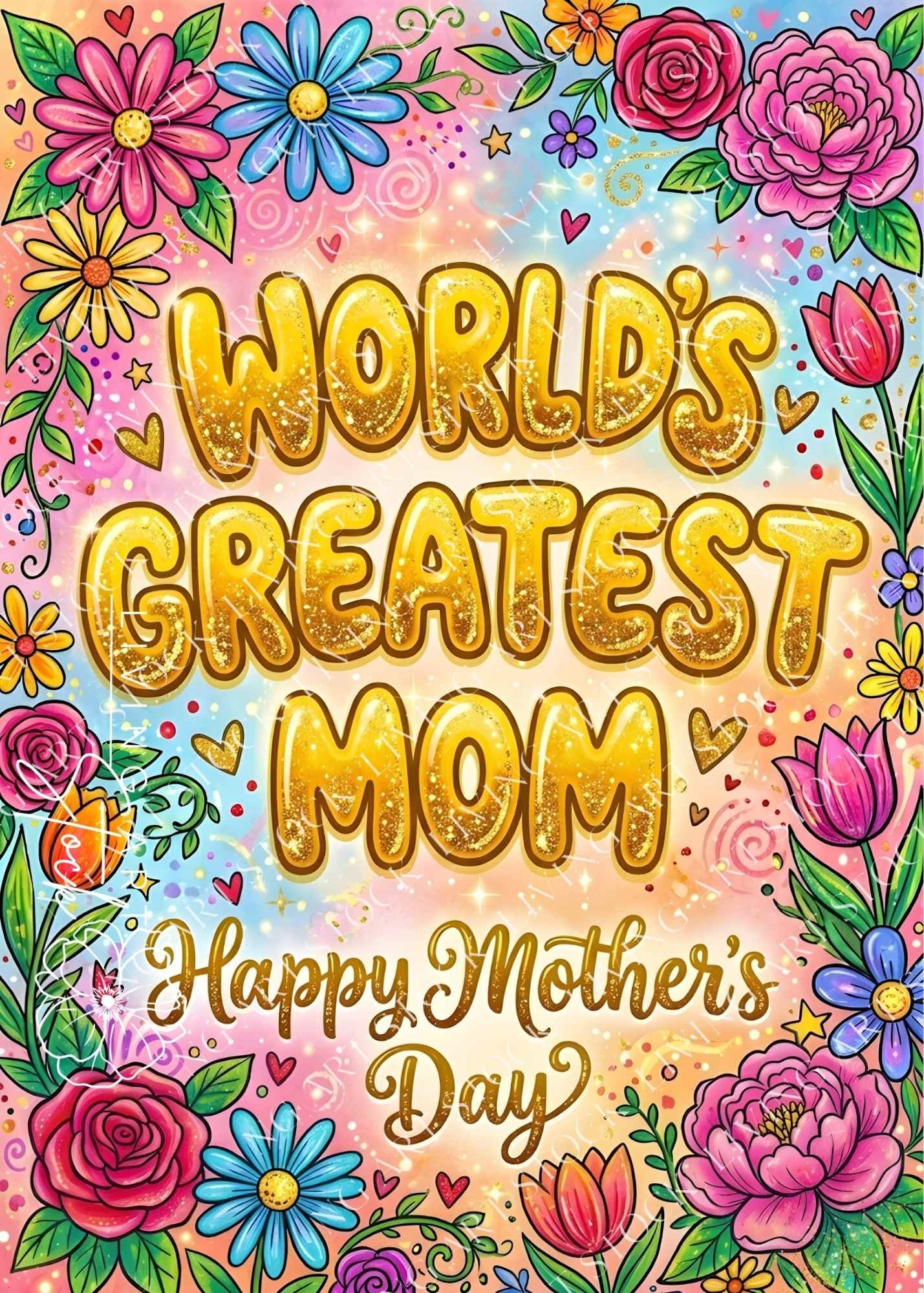 Worlds greatest mom, Happy Mothers Day Card with doodle art flowers and bubble text
