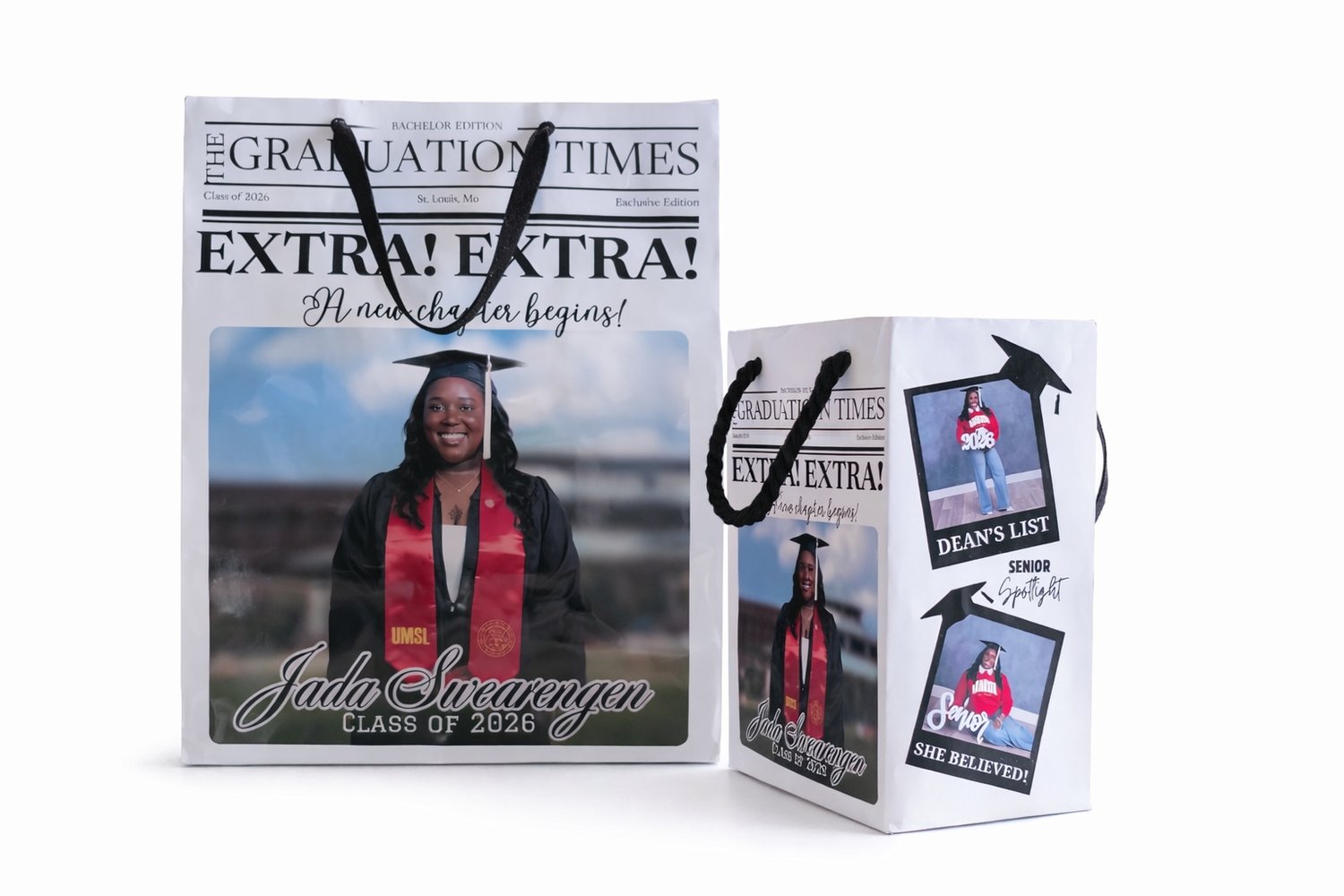 Celebrate your graduate in a way that stands out with this personalized graduation keepsake gift bag with photo 🎓✨  Designed in a bold newspaper-style theme, this custom graduation gift bag features your graduate’s name, photo, and class year—making it th