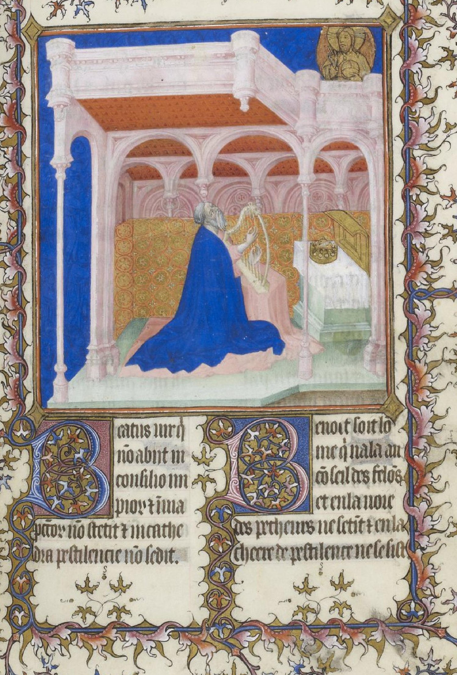 A page showing King David playing the harp from the Psalter of Jean de Berry France Bourges, BNF (Francais 13091), folio 31r by Pseudo-Jacquemart (name assigned to otherwise unnamed painter), , Public domain, via Wikimedia Commons