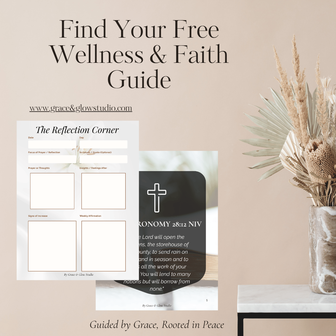 Free wellness and faith guide promotional image showing devotional pages and Scripture printable in a soft beige aesthetic.