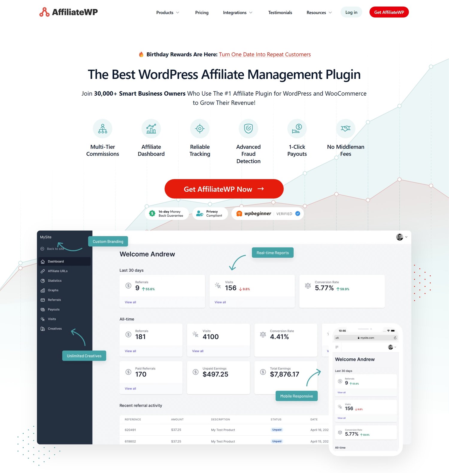 AffliateWP WordPress plugin for managing affiliate programs inside WordPress