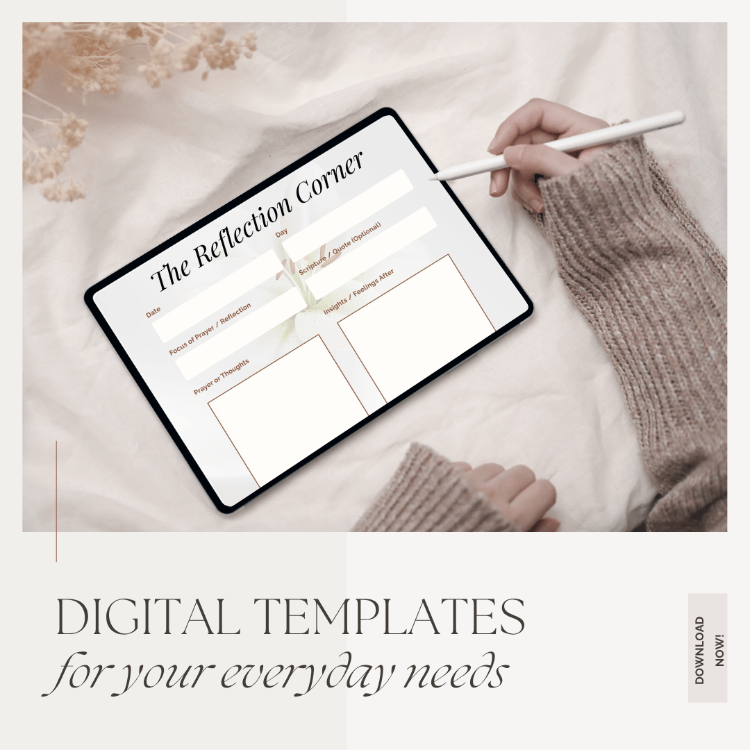 Printable digital reflection template on a tablet mockup, featuring affirmation and improvement sections, in a neutral beige aesthetic.”