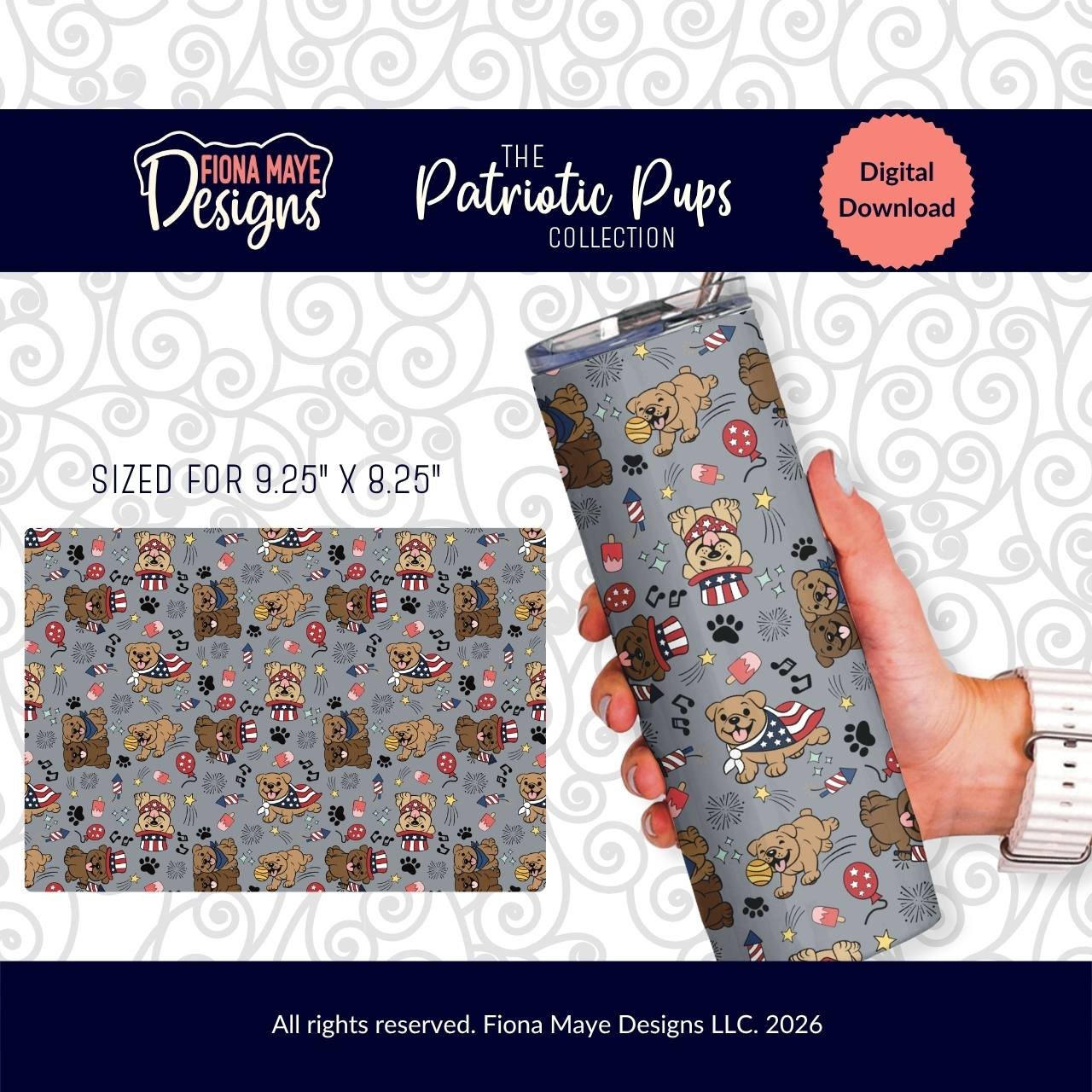 Gray patriotic dog pattern shown flat and wrapped on a tumbler, featuring stars, bones, and paw prints, displayed as a digital download design.