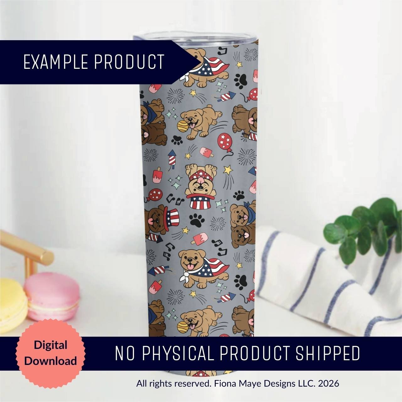 Tall tumbler displaying a gray pattern with illustrated patriotic dogs, paw prints, bones, and festive accents, used as a mockup for a digital design file.