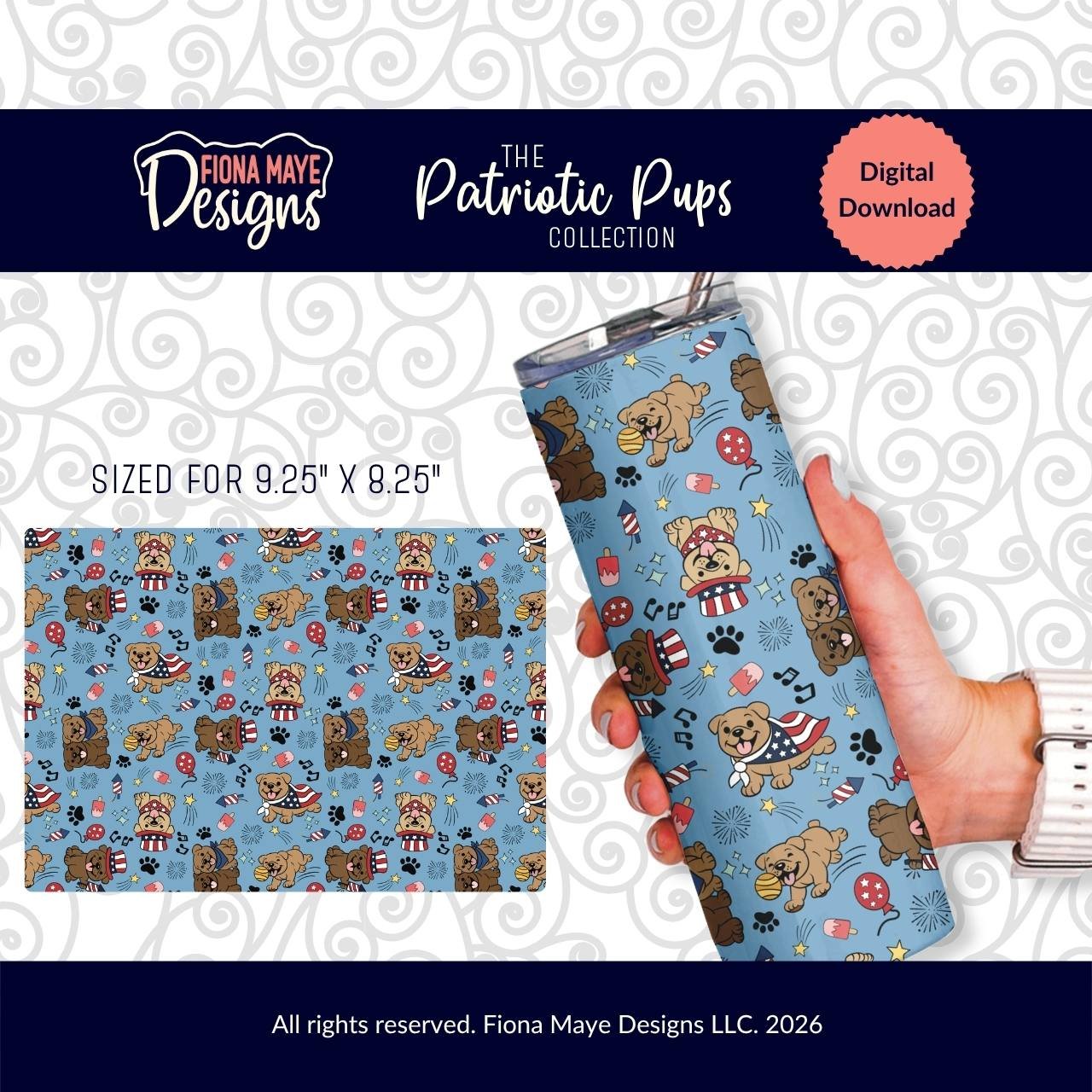 Blue patriotic dog pattern shown flat and wrapped on a tumbler, featuring stars, bones, and paw prints, displayed as a digital download design.