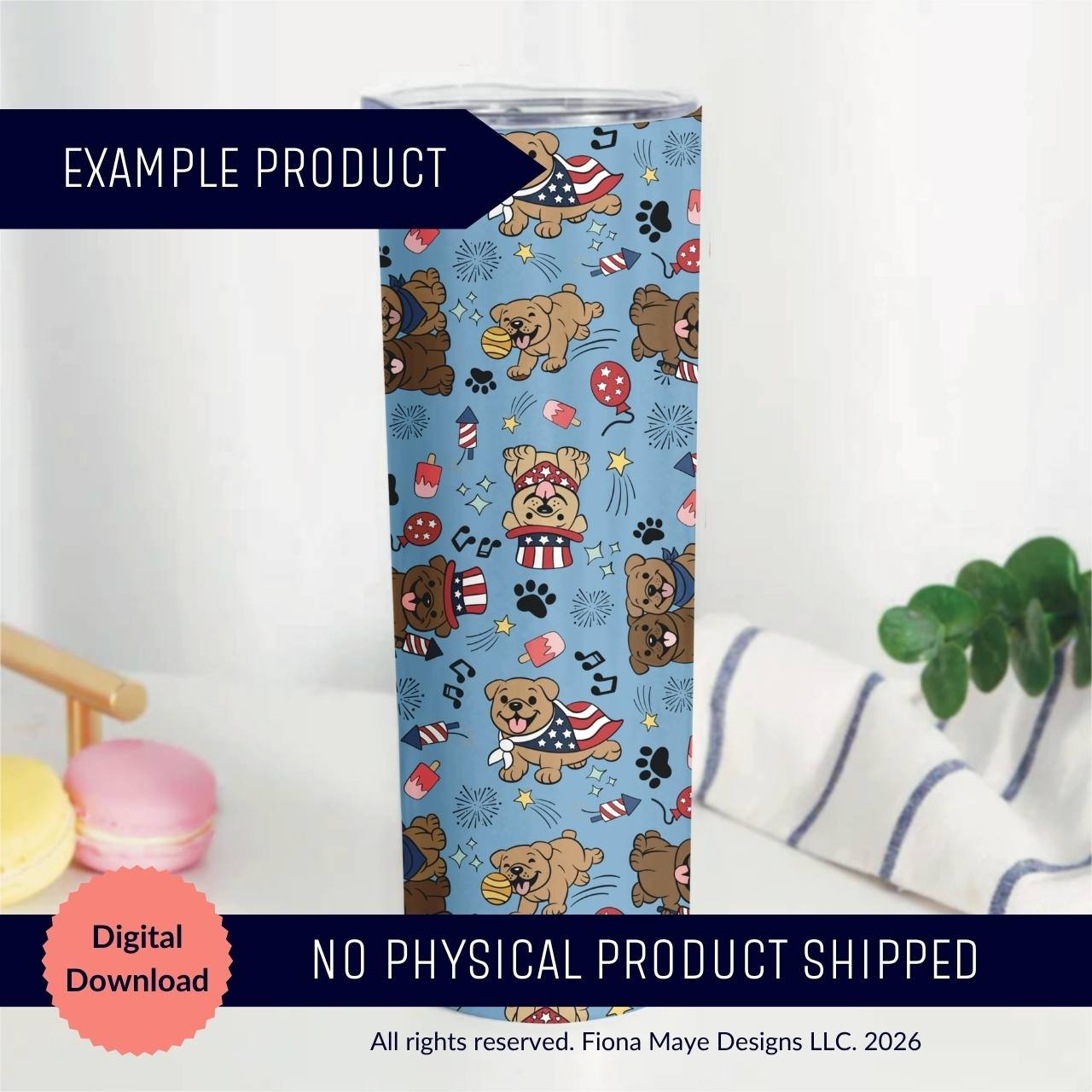 Tall tumbler displaying a blue pattern with illustrated patriotic dogs, paw prints, bones, and festive accents, used as a mockup for a digital design file.