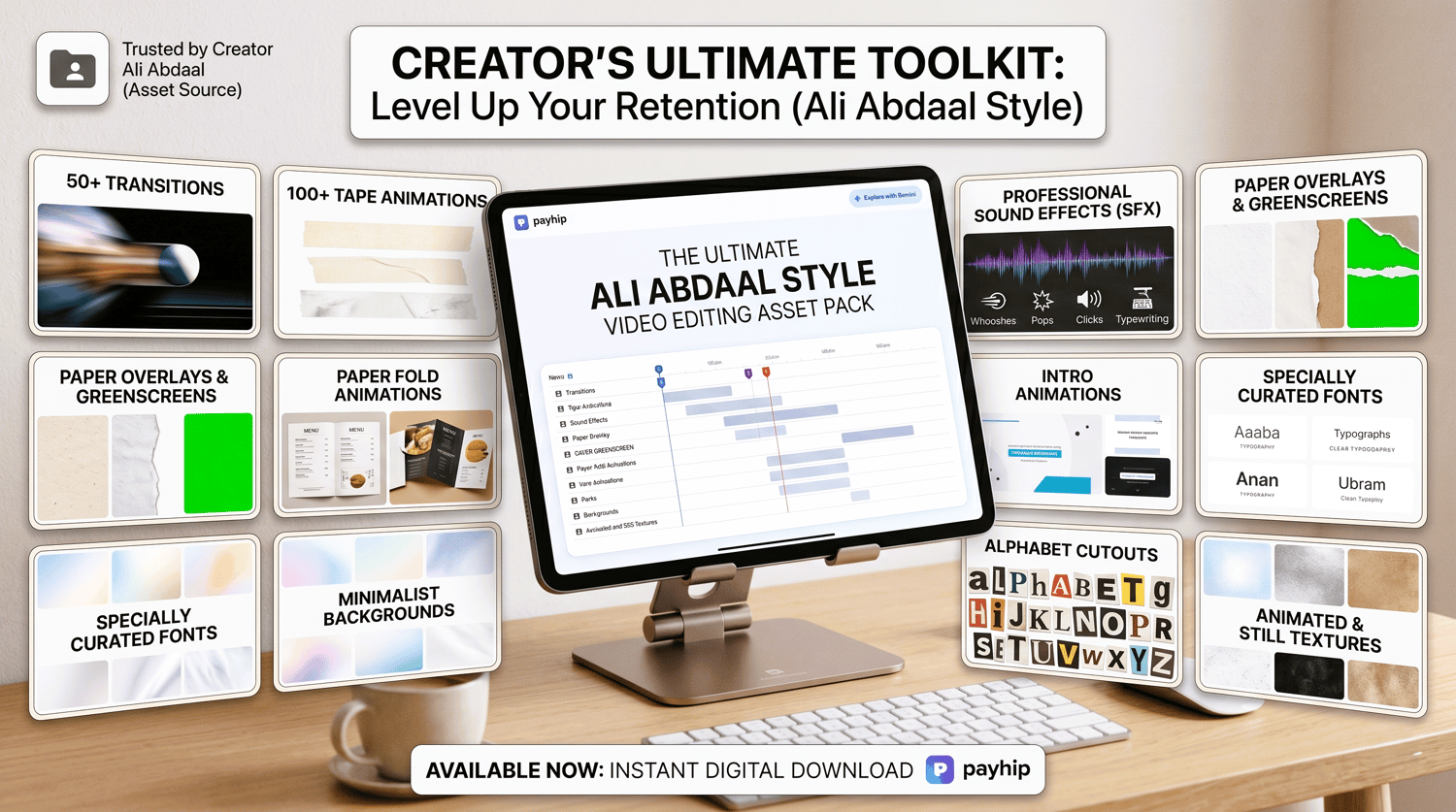 ali abdaal video editing assets, video editing assets, creator asset pack, youtube editing pack, ali abdaal assets, ali abdaal style video editing assets, ultimate youtube creator toolkit, video transitions pack, sound effects bundle, paper overlays, pape