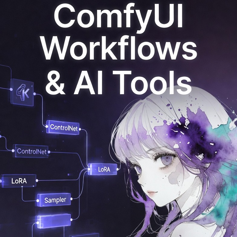 ComfyUI Workflows & AI Tools - Advanced anime girl wallpaper generation workflow with ControlNet, LoRA, Sampler and Detailer nodes in glowing purple cyber style