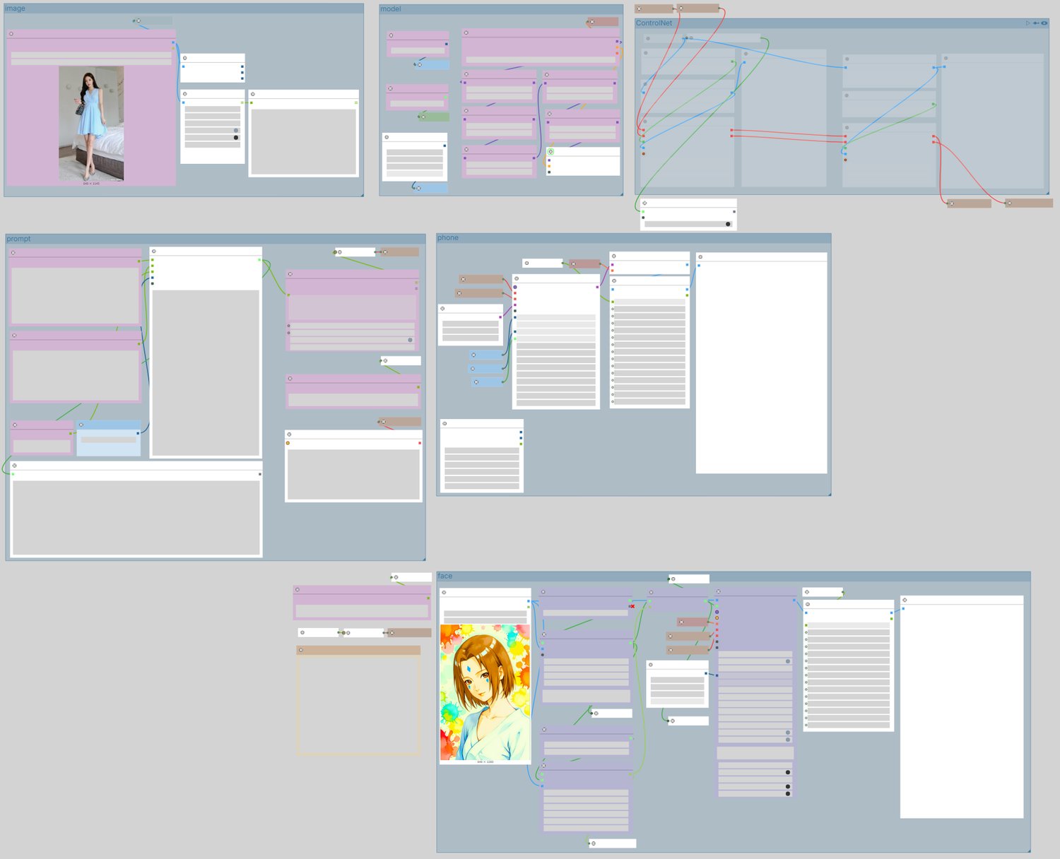 ComfyUI workflow interface for Japanese anime style wallpaper generation, showing nodes for ControlNet, LoRA, face detailer and prompt system