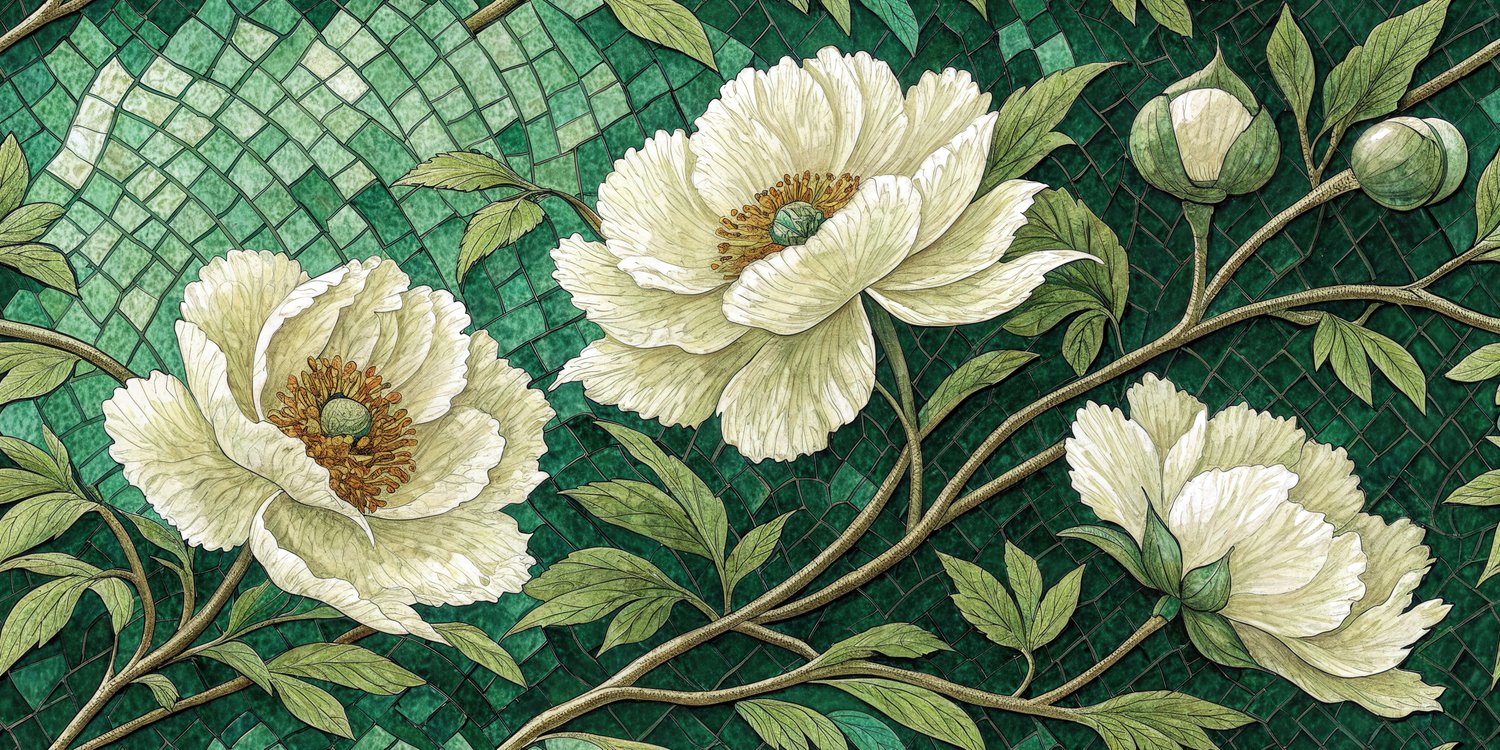 Vintage Botanical Floral Seamless Pattern Cream Peony Flowers Green Art Nouveau Background Luxury Wallpaper Design