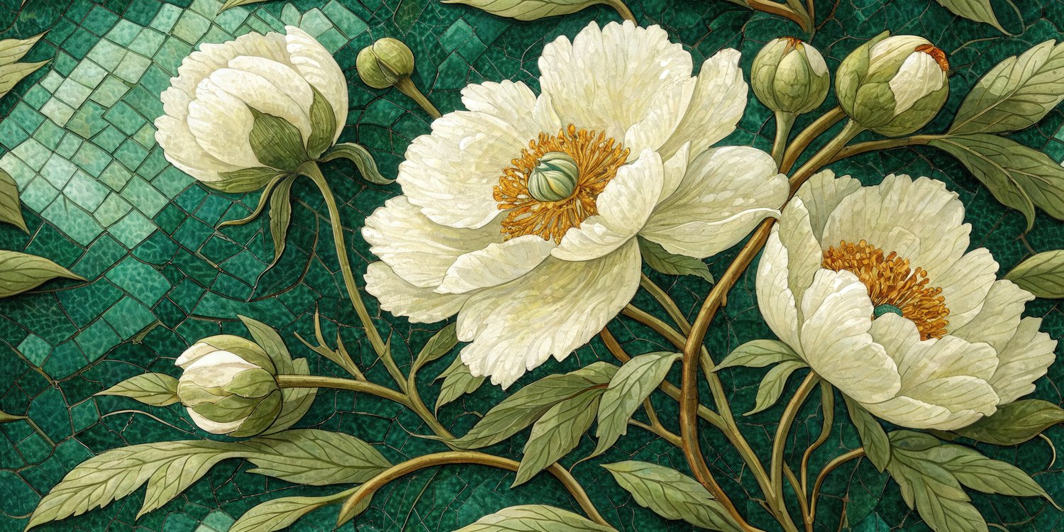 Vintage Botanical Floral Seamless Pattern Cream Peony Flowers Green Art Nouveau Background Luxury Wallpaper Design