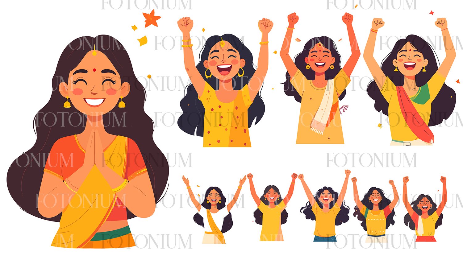 Happy Indian Woman Illustration Bundle – Festive Female Characters, Namaste Pose & Celebration Expressions – Cultural Clipart Set Vector