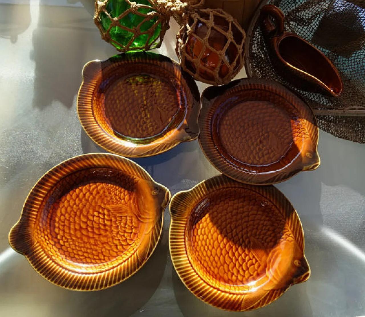 Sarreguemines fish plates in Hazelnut Brown, mid-20th-century French earthenware serving plates