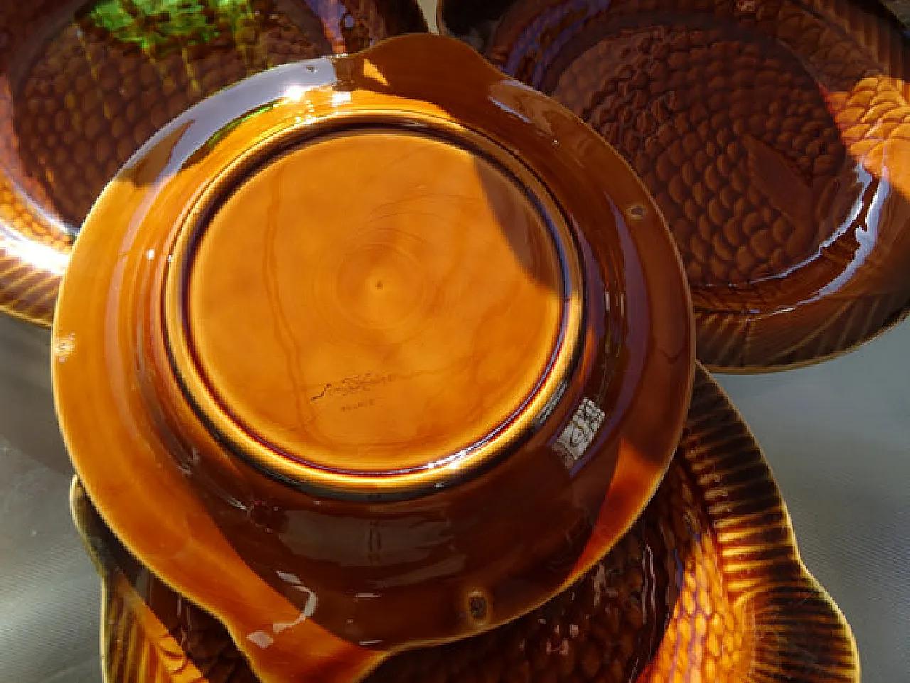 old Sarreguemines fish plates in Hazelnut Brown, mid-20th-century French earthenware serving plates