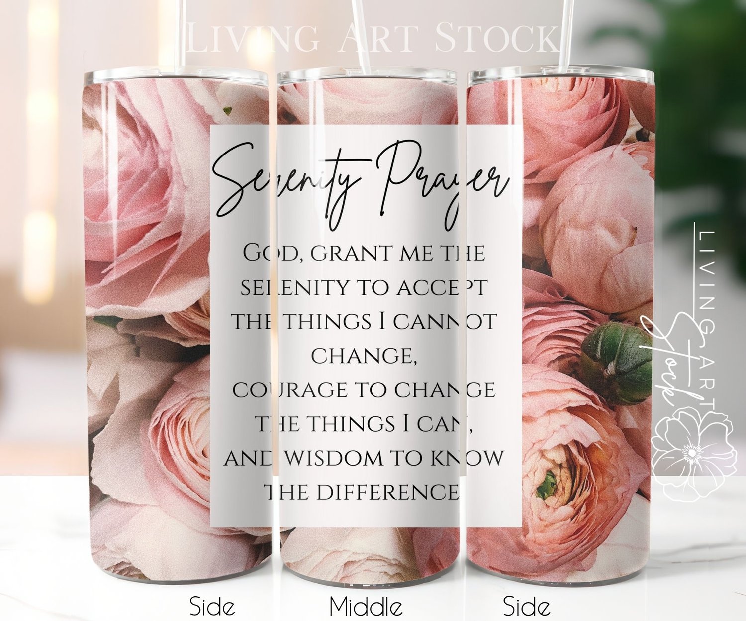 The serenity prayer printed on a pink floral tumbler wrap