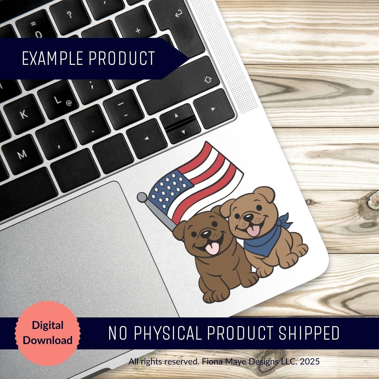 Patriotic dog sticker with two illustrated pups displayed on a laptop surface, used as a mockup for a digital download product.