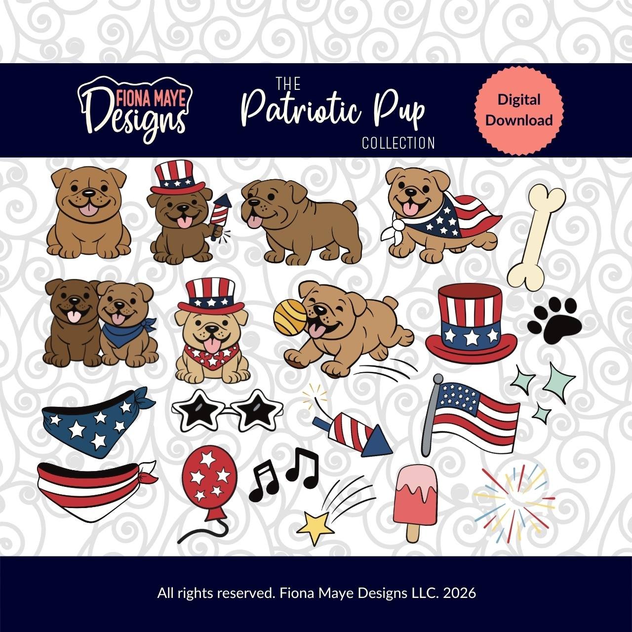 Patriotic pup clipart sheet showing bulldog illustrations with hats, sunglasses, flags, and festive icons, displayed as part of a digital design collection.