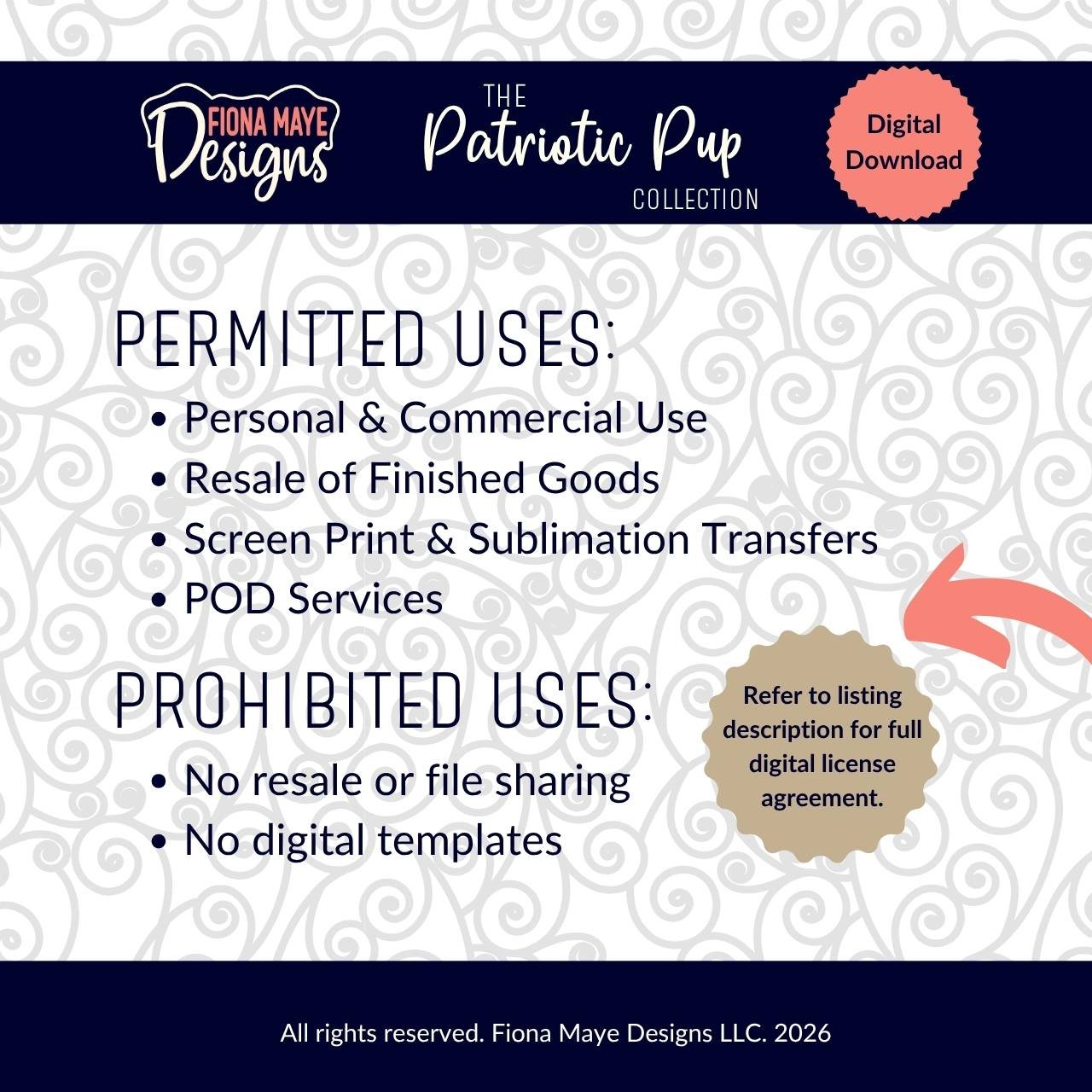 Digital license sheet outlining allowed uses, restricted uses, and a note to check the listing description for full terms.