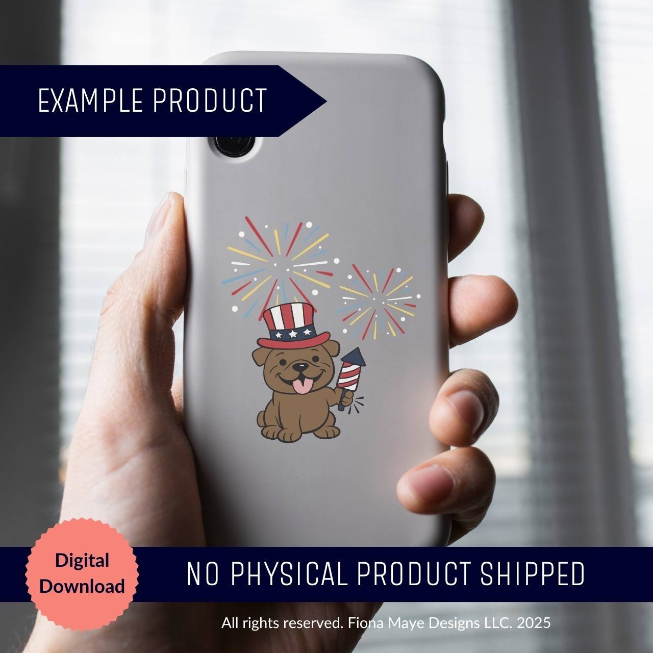 Patriotic dog illustration on a phone case with fireworks, shown in hand as an example product for a digital design file.