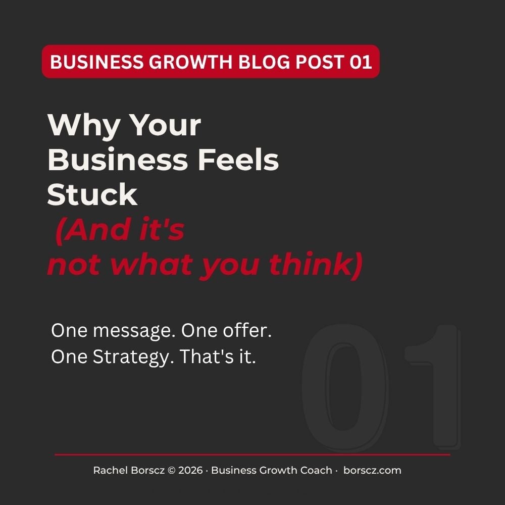 Charcoal and red branded blog cover graphic for Rachel Borscz Business Growth Coach — blog post title: Why Your Business Feels Stuck