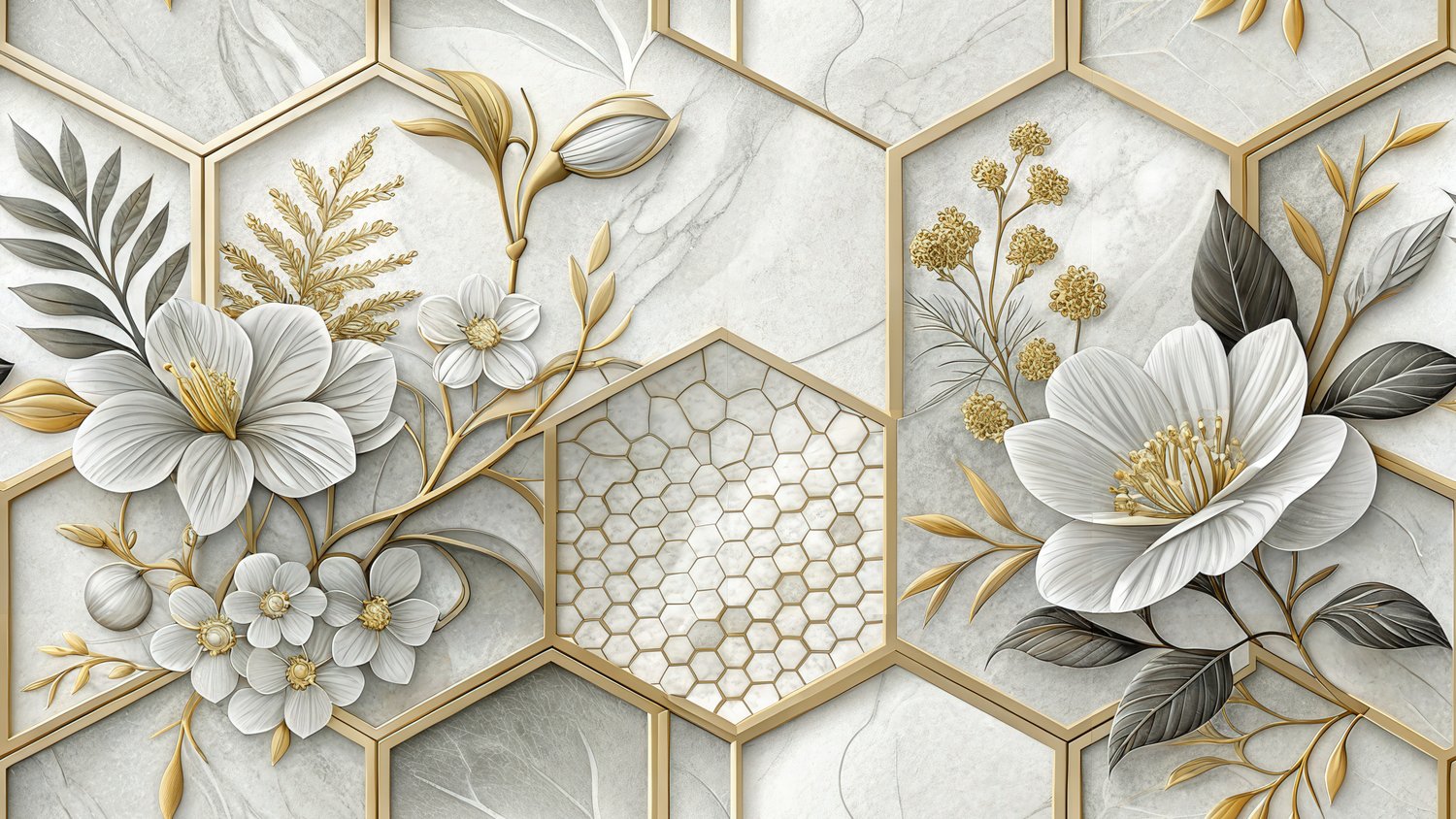 Luxury Marble Hexagon Floral Seamless Pattern Gold White Elegant Geometric Background for Wallpaper Design