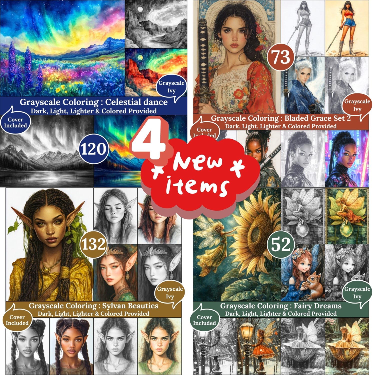 Grayscale Ivy New Arrivals — June 06, 2026 4 New Grayscale Coloring Books for Adults – Printable Digital PDFs Each book includes Dark, Light, Lighter & Colored versions, perfect for imaginative and relaxing coloring sessions.