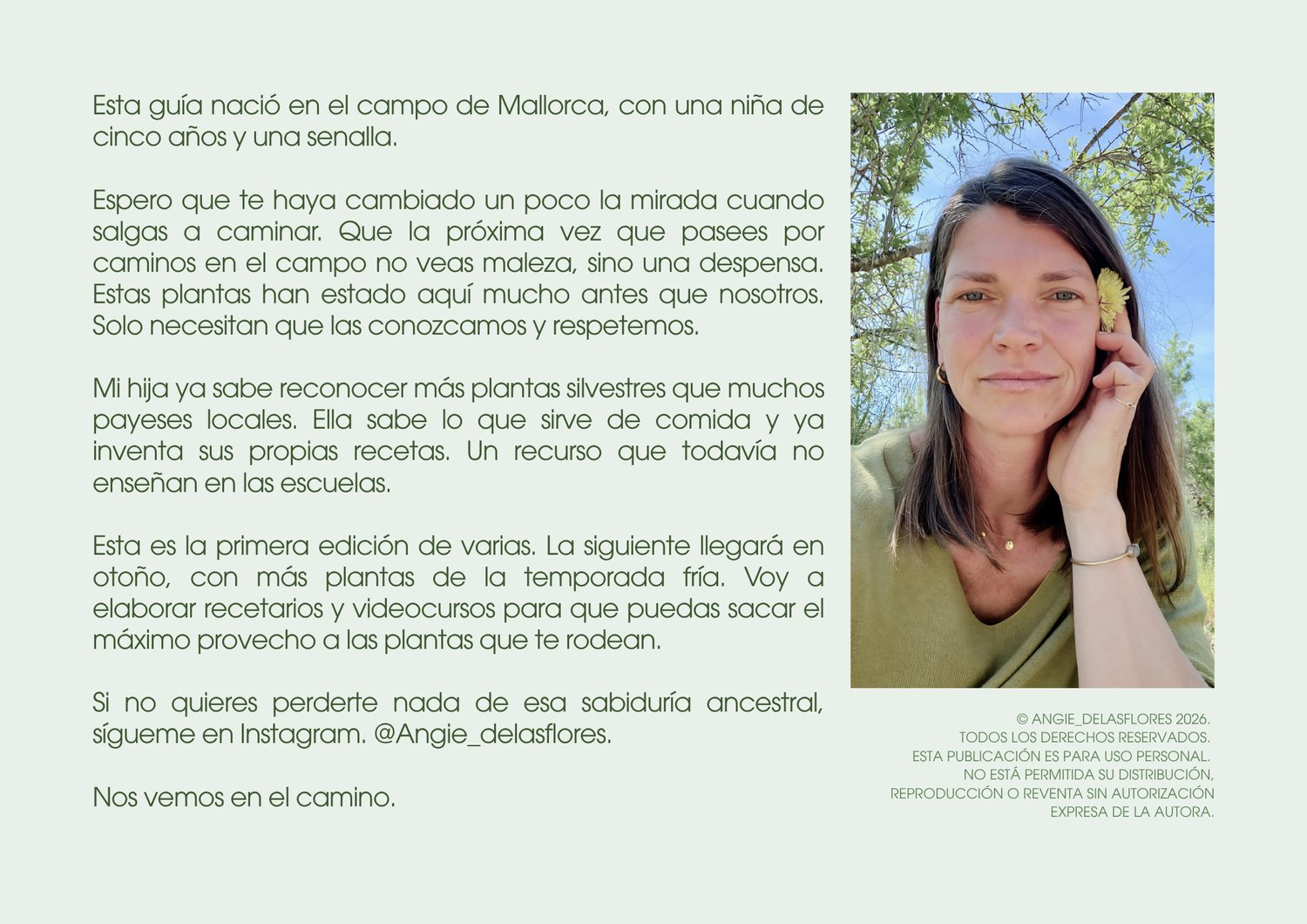 Angie de las Flores, herborista y chef, autora de la Guía de Plantas Silvestres Comestibles Mediterráneas, campo de Mallorca