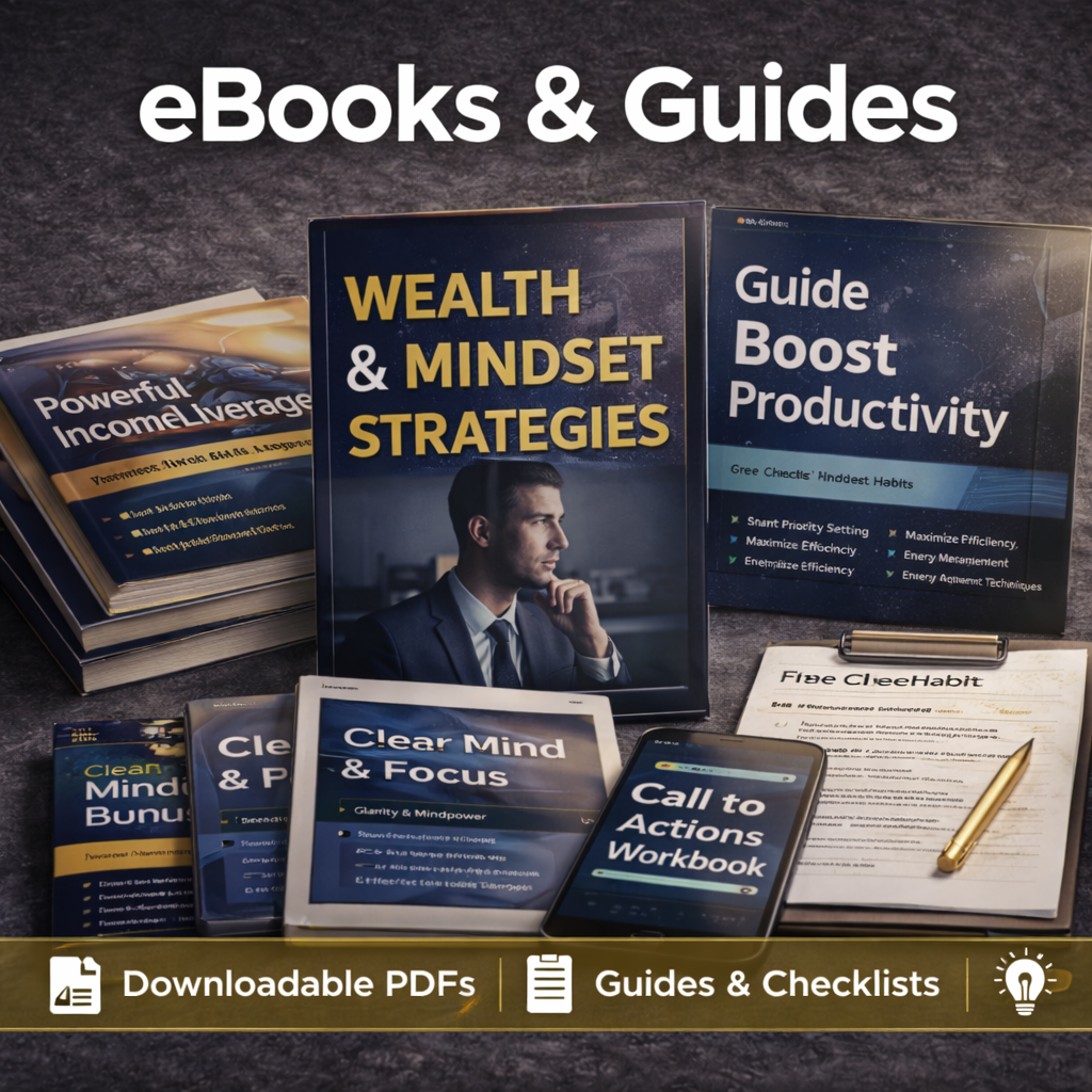 Collection image for eBooks & Guides featuring digital books, downloadable resources, and personal growth guides focused on wealth building, mindset development, and practical self-improvement tools.