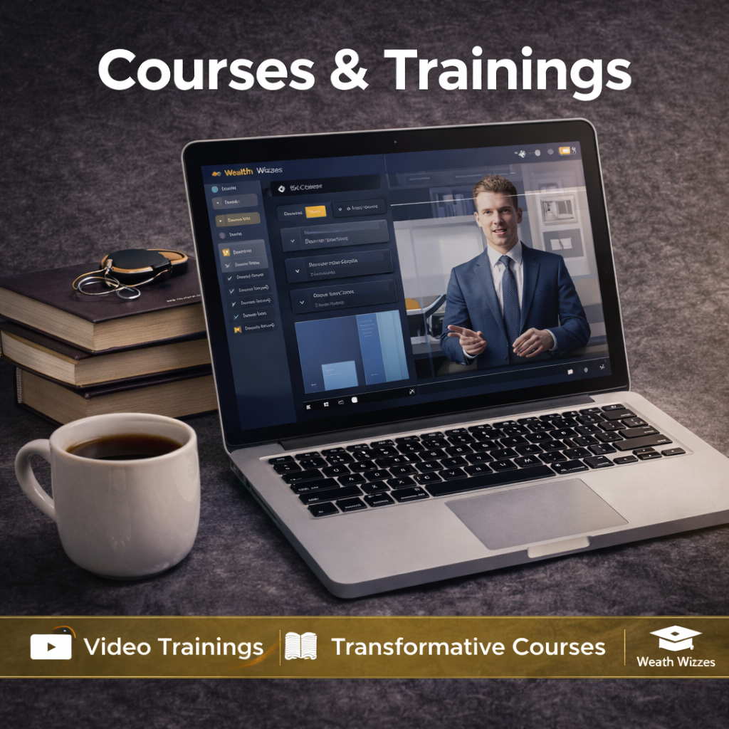 Courses and Trainings collection image featuring a laptop with online course lessons, study materials, books, headphones, and the title Courses & Trainings in bold text, representing digital learning, skill building, and personal growth.