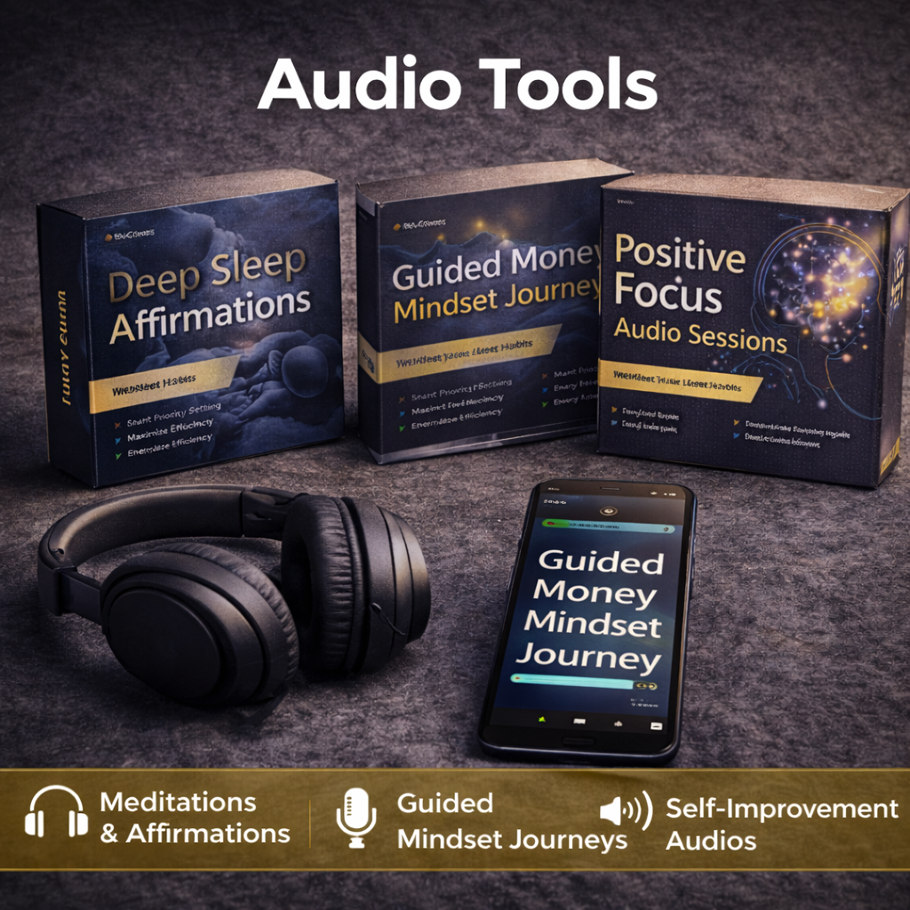 Collection image for Audio Tools featuring guided audio sessions, mindset recordings, affirmations, and personal growth sound tools designed to support focus, motivation, relaxation, and wealth-building habits.