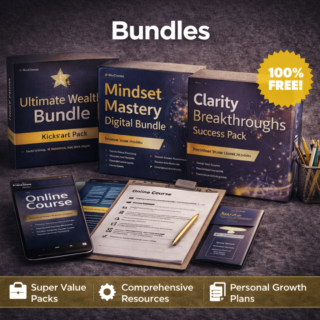 Collection image for Bundles featuring curated digital product bundles, value packs, and personal growth resources combining courses, eBooks, audio tools, and practical materials for wealth building and self-improvement.