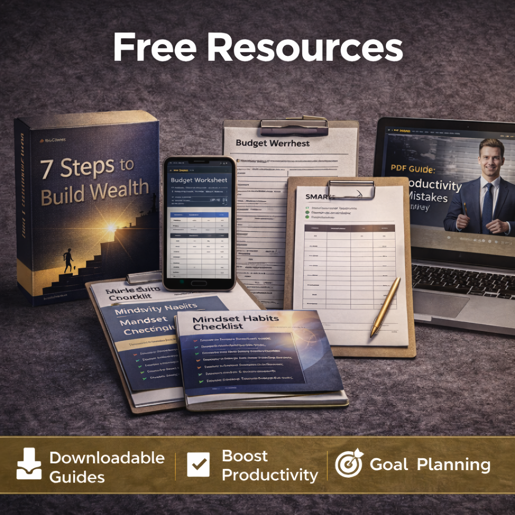 Collection image for Free Resources featuring downloadable guides, checklists, worksheets, and free personal growth tools designed to support wealth building, mindset improvement, productivity, and self-development.