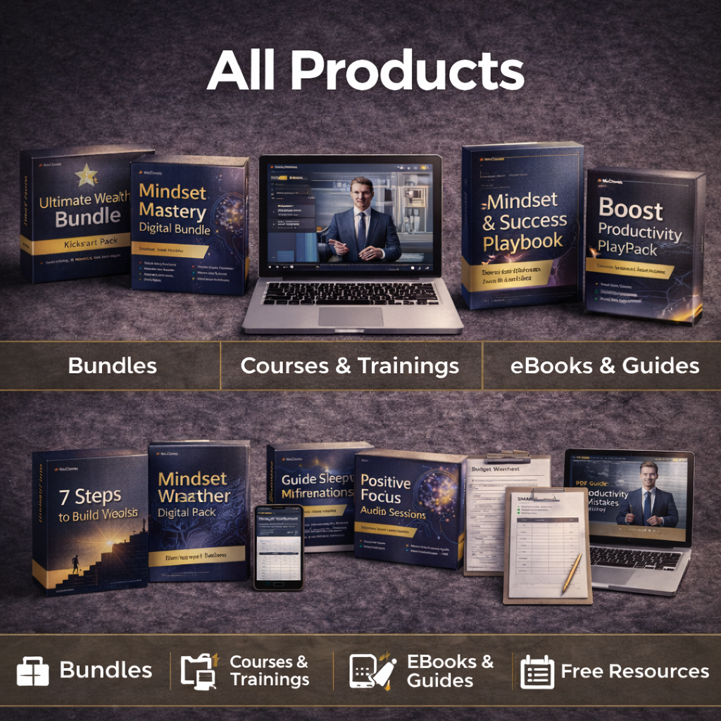 Collection image for All Products featuring digital courses, eBooks, audio tools, bundles, and free resources focused on wealth building, mindset growth, productivity, and practical self-improvement tools.