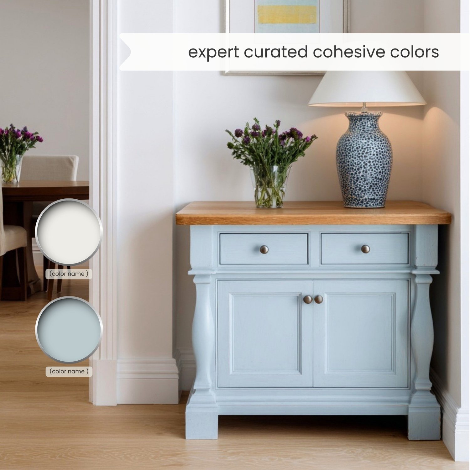 Sherwin Williams Shoji White paint palette. Whole house color scheme with neutrals and coordinating colors. Paint colors for home with white, beige, greige, green, blue, and brown. Interior design color scheme created by Lavenia Shash.