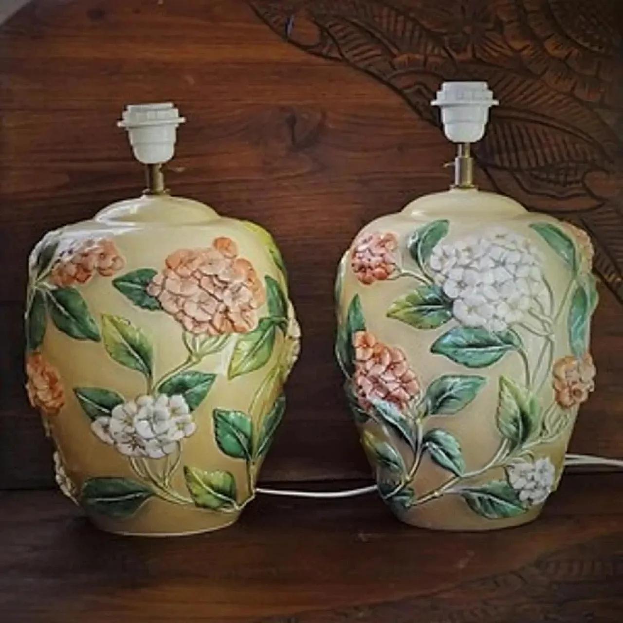 Large Chaumette Paris “barbotine” hydrangea lamps (polychrome,)